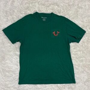 Y2K Graphic Casual True Religion green cotton t-shirt with orange logo
